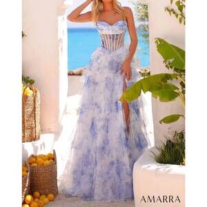 NEW AMARRA sheer corset bodice prom dress in blue